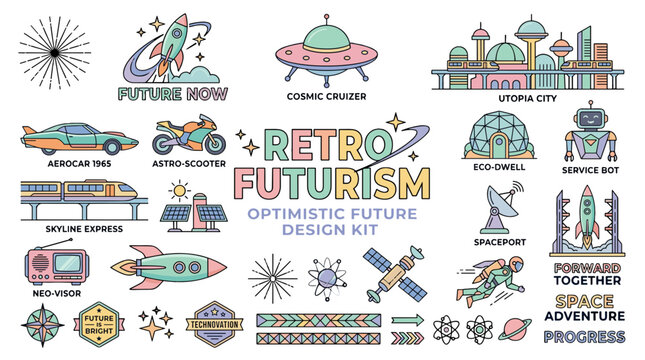 Retro futuristic optimistic design kit with colorful illustrations