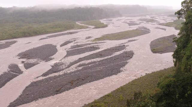 Rio Upano, a braided Amazonian river in Morona Santiago province, Ecuador, full of sediment received from the active Sangay volcano upstream