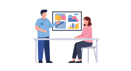 Fototapeta premium A doctor explains medical data using colorful charts on a display screen to a seated female patient during a professional consultation session.