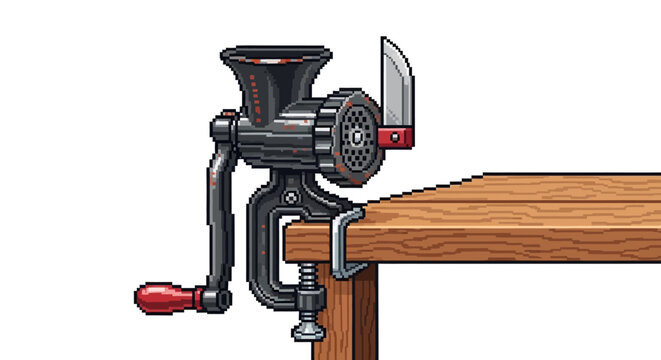 Vintage Manual Meat Grinder Attached to Wooden Table.