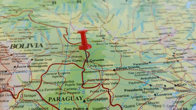 View of Corumba, is a municipality in the Brazilian state of Mato Grosso do Sul, on a geographical map of America, marked with red push pin