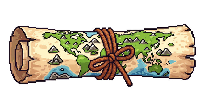 Ancient World Map Scroll Tied With Rope Illustration.