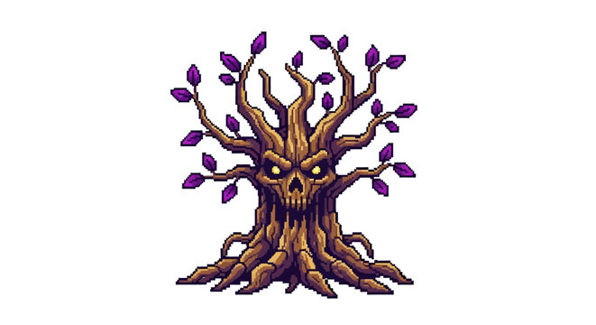 Creepy sentient evil tree monster with skull face and purple leaves.