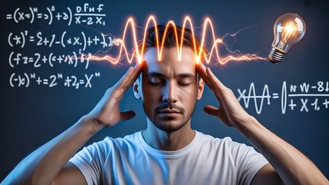 Man thinking with mathematical formulas and glowing brain education and intelligence concept