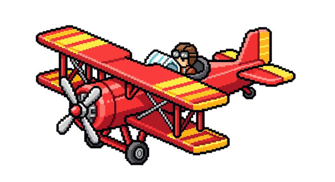 Vintage Red Biplane with Pilot in Cockpit.