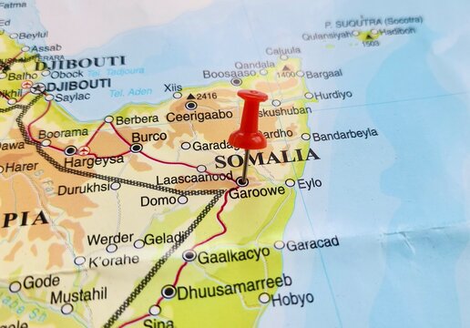 View of Garowe, is the capital city of Puntland located in northeastern Somalia, on a geographical map of Africa, marked with red push pin
