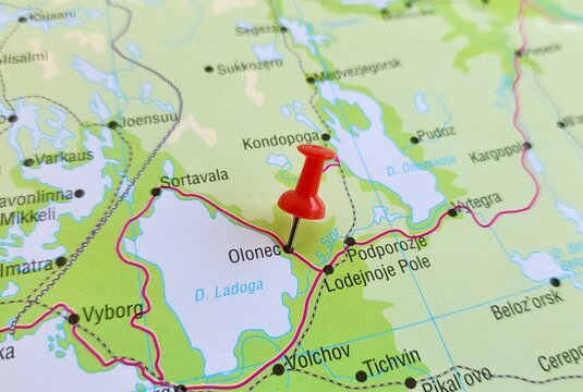View of Olonets, is a town and the administrative center of Olonetsky District of the Republic of Karelia, Russia, on a geographical map of Europa, marked with red push pin
