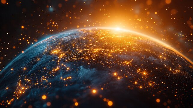 A 3D Earth viewed from space, surrounded by flowing data streams and blue-gold fiber optic traces, against a dark cosmic backdrop, futuristic global networks, and digital interconnectivity.