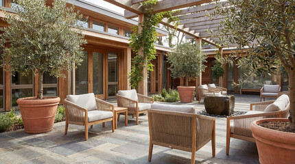 Fototapeta premium Serene Outdoor Patio Waiting Area for Modern Clinic with Lounge Seating and Relaxing Natural Light