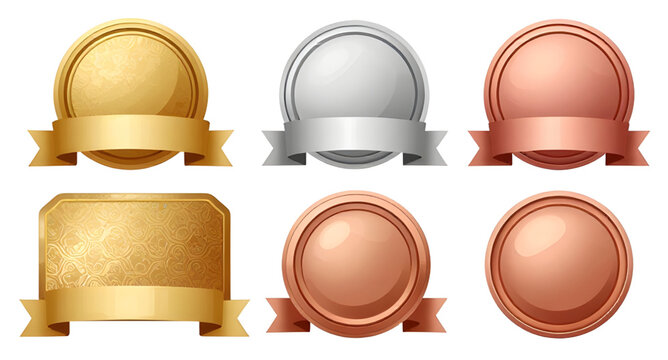 award medal set, gold silver bronze medals, winner badges, ranking icons, first place award, second place award, third place award, achievement seals, prize badges, quality certification, champion med