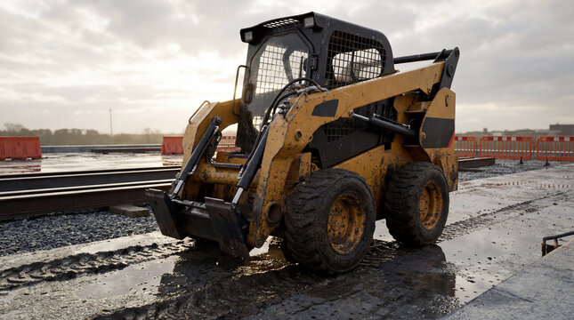 Heavy Duty Skid Steer Loader on a Rain Fresh Construction Site with Polished Detail
