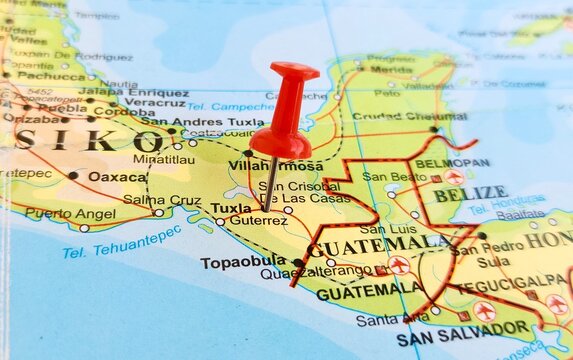 View of Tuxtla Gutierrez, or Tuxtla, is the capital and the largest city of the Mexican southeastern state of Chiapas, on a geographical map of America, marked with red push pin