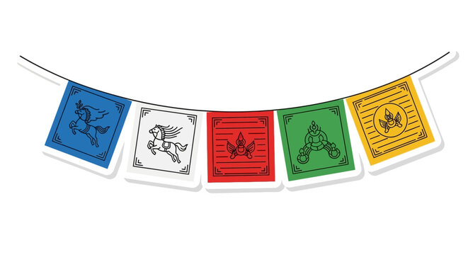 Prayer Flags on String, Buddhist Symbols, Wind Horse, Doodle Style