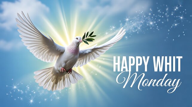 White dove with olive branch flying in bright sky happy whit monday greeting background