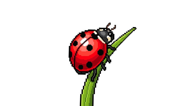 Detailed Close-up of a Red Ladybug on a Green Blade of Grass.