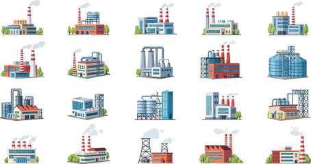Fototapeta premium Set of Industrial Factory Buildings and Manufacturing Plants Vector Icons with Smoking Chimneys and Modern Infrastructure Elements for Urban Planning Projects