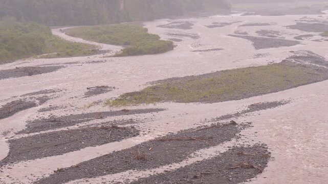 Rio Upano, a braided Amazonian river in Morona Santiago province, Ecuador, full of sediment received from the active Sangay volcano upstream