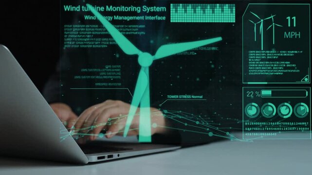 A modern wind turbine monitoring system showcased on a laptop screen, highlighting advanced data analytics and renewable energy management for improving efficiency. Cipher