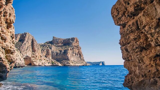 Rocky cave entrance framing cliff and blue sea under clear sky