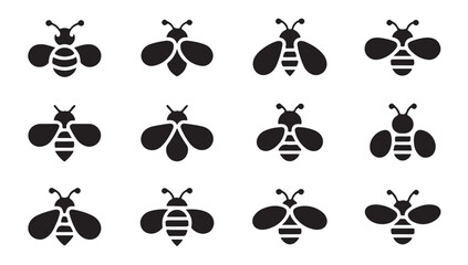 Fototapeta premium Collection of stylized bee icons in various designs and poses, simple graphic representations.