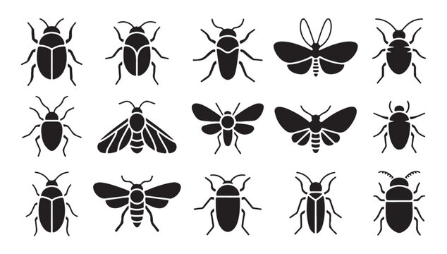 Minimalist insect icons showing various beetle and moth species in black and white profile.