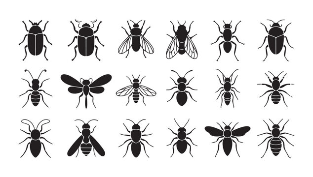 Diverse insects silhouette set vector graphic icons, ant beetle fly wasp.