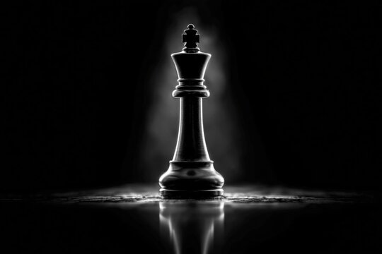 A solitary king chess piece dramatically lit against a dark background