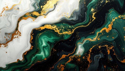 Fototapeta premium Luxury marble ink swirl abstract background black green gold elegant
