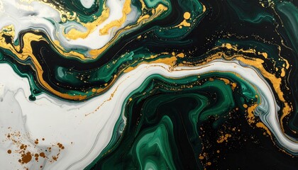 Fototapeta premium Luxury marble ink swirl abstract background black green gold elegant