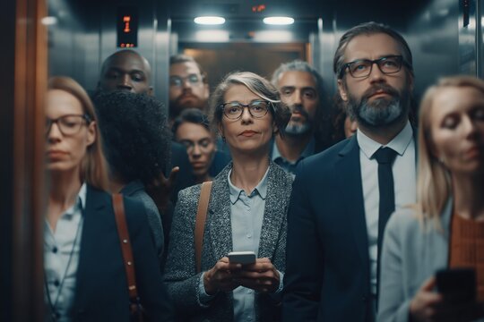 Diverse group of professionals in a crowded elevator looking serious