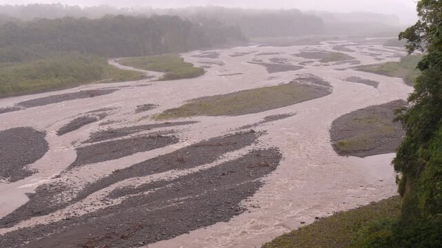 Rio Upano, a braided Amazonian river in Morona Santiago province, Ecuador, full of sediment received from the active Sangay volcano upstream