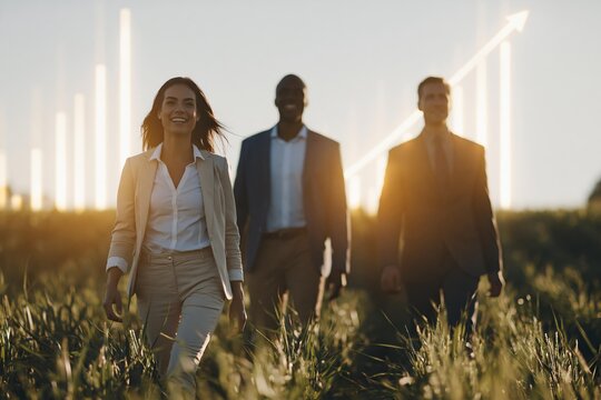 Diverse business team walking forward in a field with a rising graph overlay