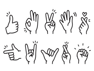 Obraz premium Hand gesture icons set thumbs up ok sign peace love finger signs outline collection