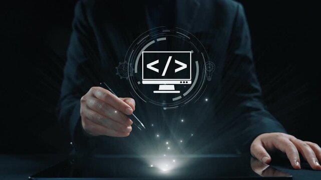 Modern web development concept featuring coding symbols, web development process, web development interface, and web development tools with futuristic design. Elide
