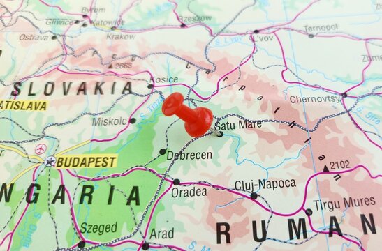 View of Satu Mare, is situated in Satu Mare County, in northwest Romania, on a geographical map of Europa, marked with red push pin