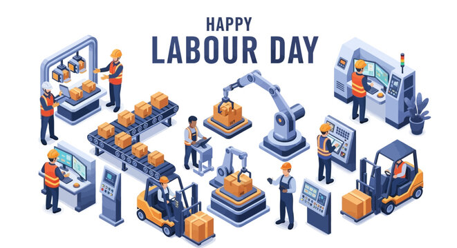 Isometric illustration showcasing the Labour Day celebration, displaying diverse industrial workers operating machinery in a modern factory setting, conveying a sense of teamwork