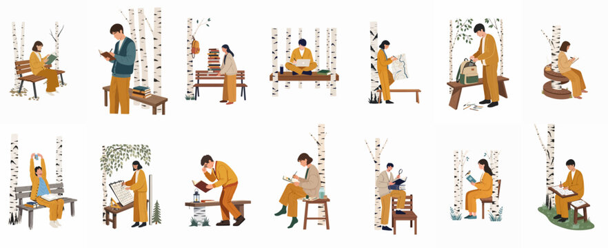 Flat illustration set of various characters engaged in quiet activities like reading, writing, and studying in a serene birch tree forest.