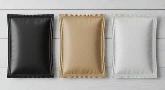 Set of black beige and white flat pouch packaging mockup
