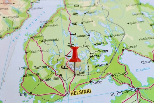 View of Lahti, is a city in Finland and the regional capital of Paijat-Hame, on a geographical map of Europa, marked with red push pin