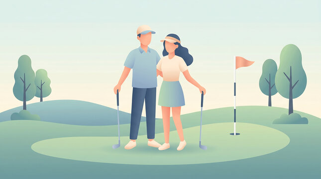 Vector illustration of a couple playing golf on a green