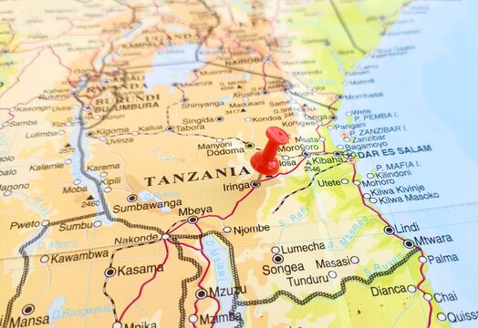 View of Iringa, is a city in Tanzania, on a geographical map of Africa, marked with red push pin