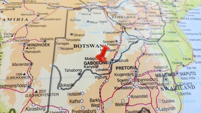 View of Kanye, is a village in southern Botswana, on a geographical map of Africa, marked with red push pin