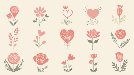 Fototapeta premium A charming collection of minimalist pink floral and heart vector illustrations is presented on a light background.