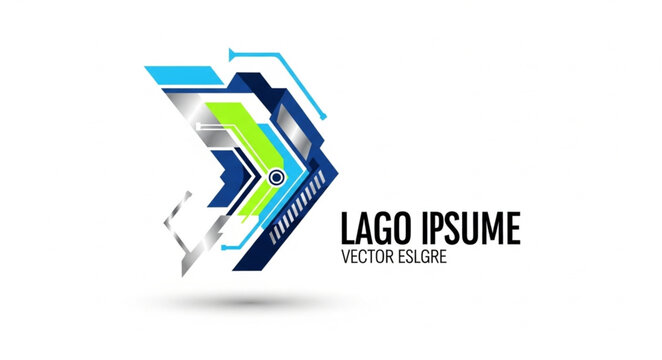 Abstract Futuristic Arrow Logo Design with Geometric Shapes and Blue Green Accents.
