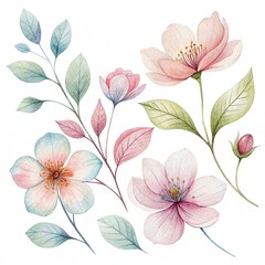 Fototapeta premium Watercolor floral clipart set isolated pastel flowers design elements