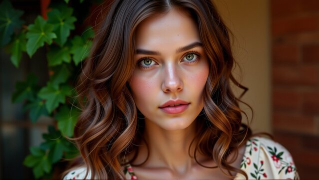 close portrait young woman shoulder length brunette hair she looking directly camera serious expression her face her hair styled loose waves falls over her shoulders she has slight smile her lips her
