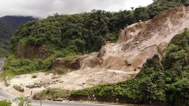 Quarry producing road construction materials beside a road in  Pastaza province, Ecuador. This is an environmentally sensitive rainforest area.