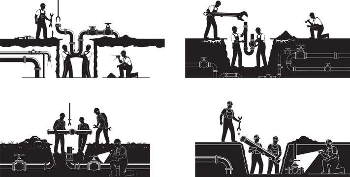 Workers in silhouette constructing and repairing infrastructure at various sites vector silhouette