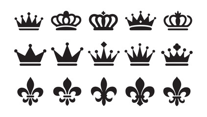 Group of ornate royal crowns and fleur de lis emblems isolated on checkered background. © MDIKRAM