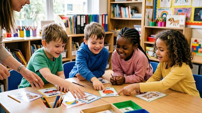 Group of children playing educational games at a classroom table  